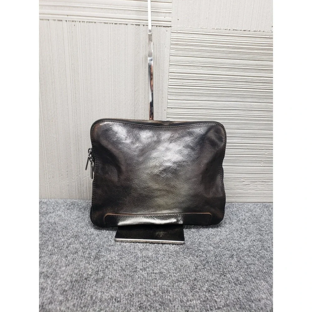 Lavorazione Artigianale Men Leather Clutch Bag Shinny Black Zip Lined Outdoor